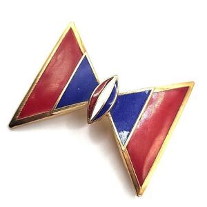 Vintage Brass Enamel Red White And Blue Bow Brooch Pin 1.5in